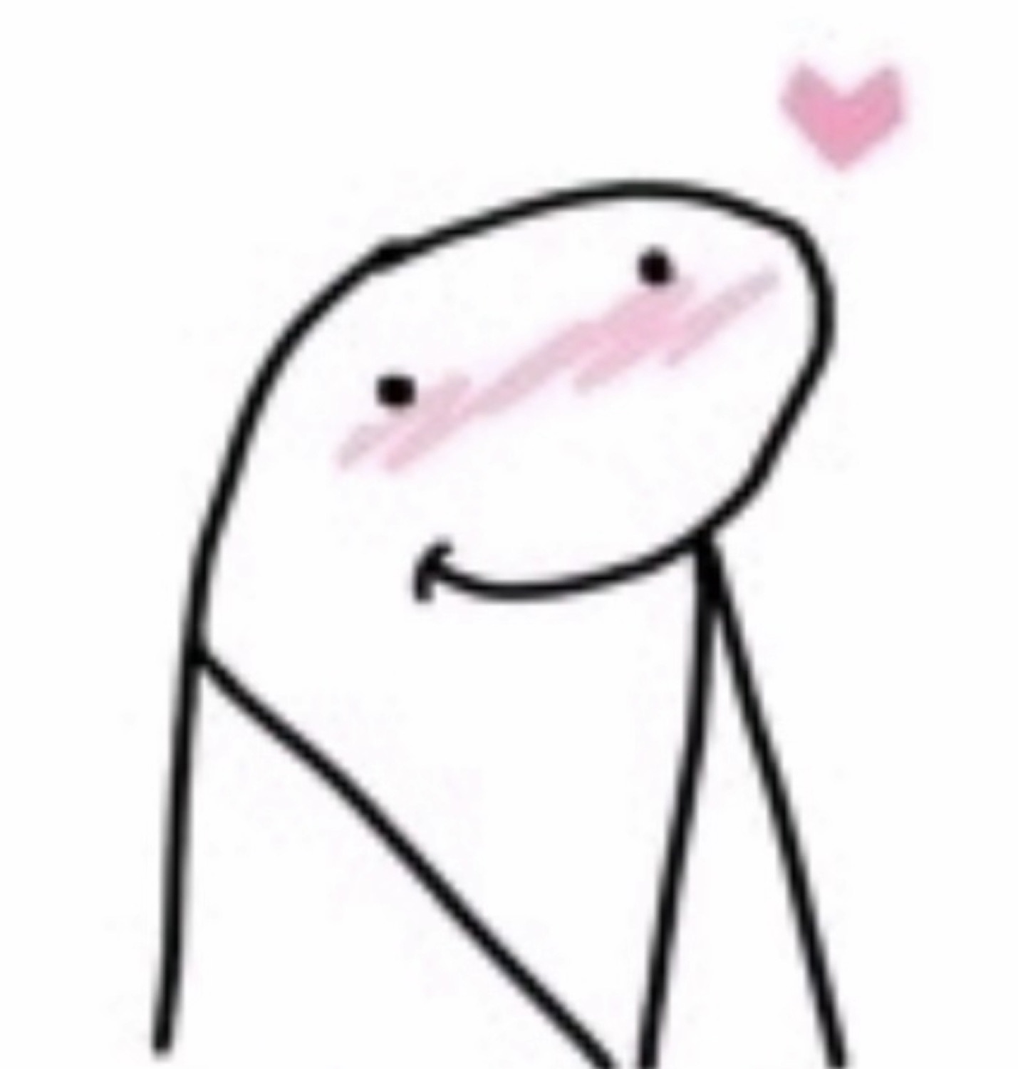 Simple stick-figure character blushing with pink cheeks and a small heart floating above