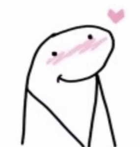 Simple stick-figure character blushing with pink cheeks and a small heart floating above