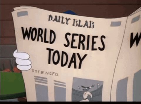 Donald Duck reading a newspaper headline, "World Series Today"