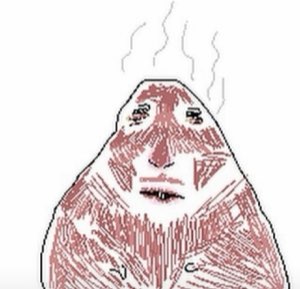 Crudely drawn blob face flushed bright red with steam rising off its head