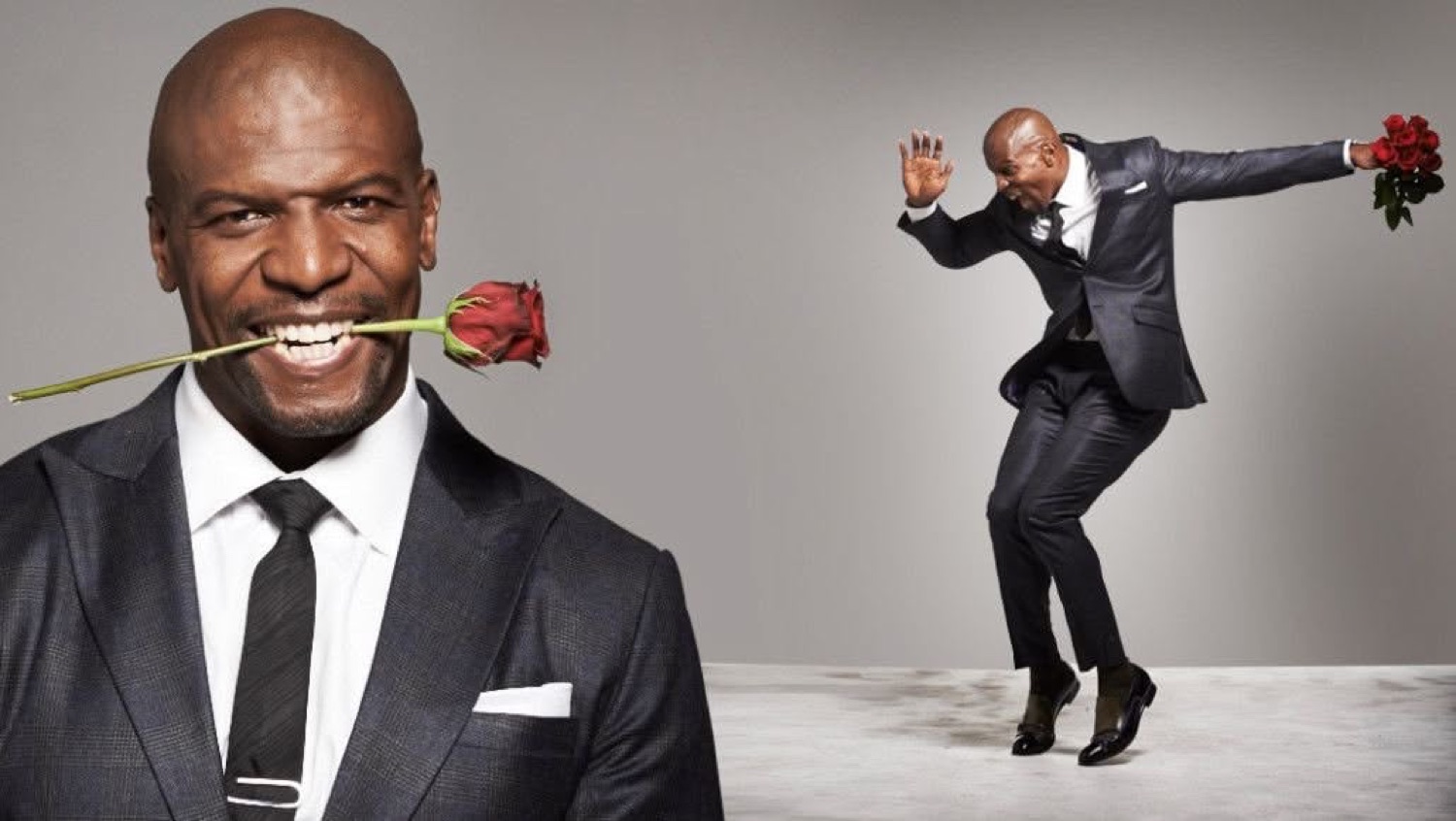 Terry Crews grinning with a rose in his teeth and striking a dramatic pose in a suit