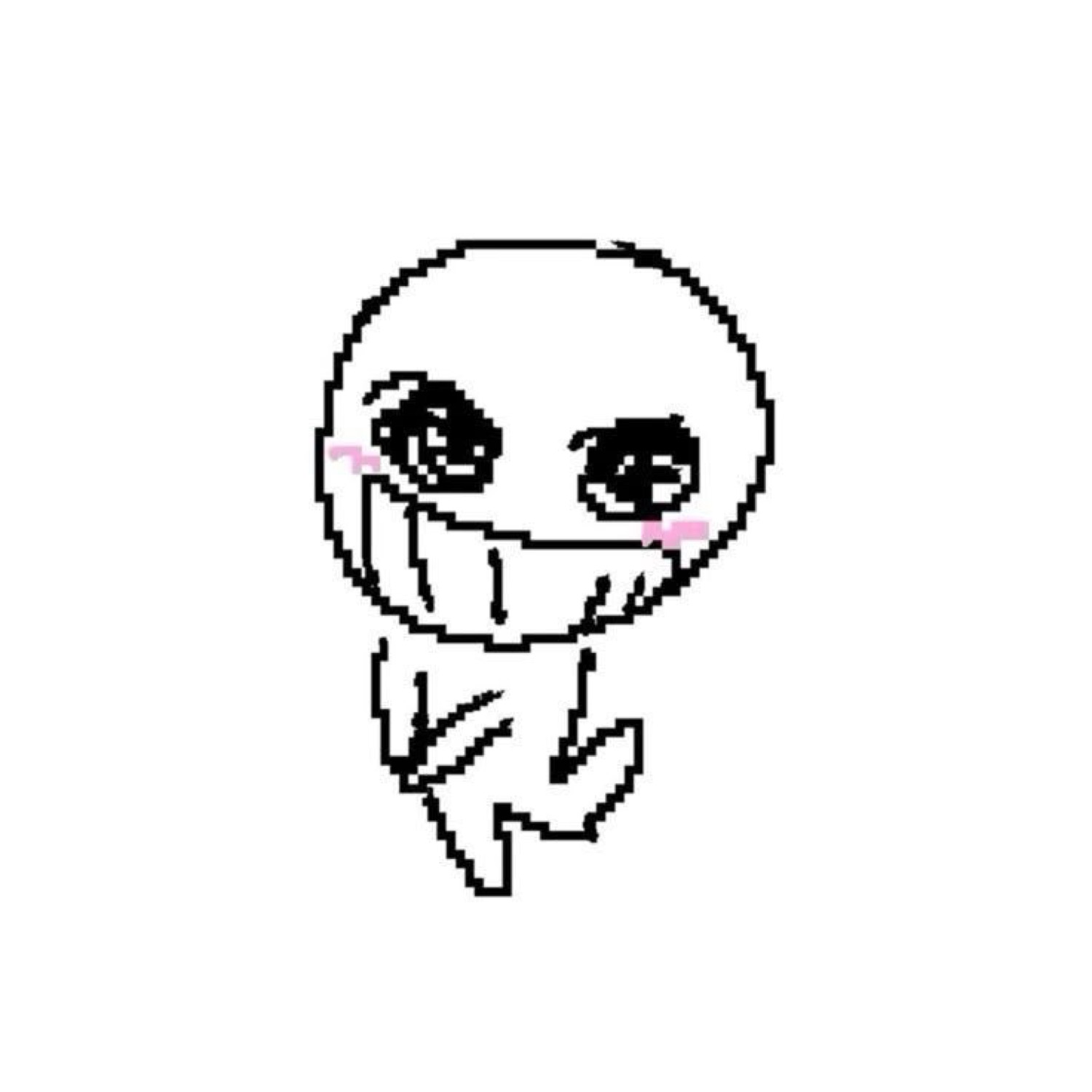 Pixel art anime chibi character with a wide grin and rosy blush, looking sly