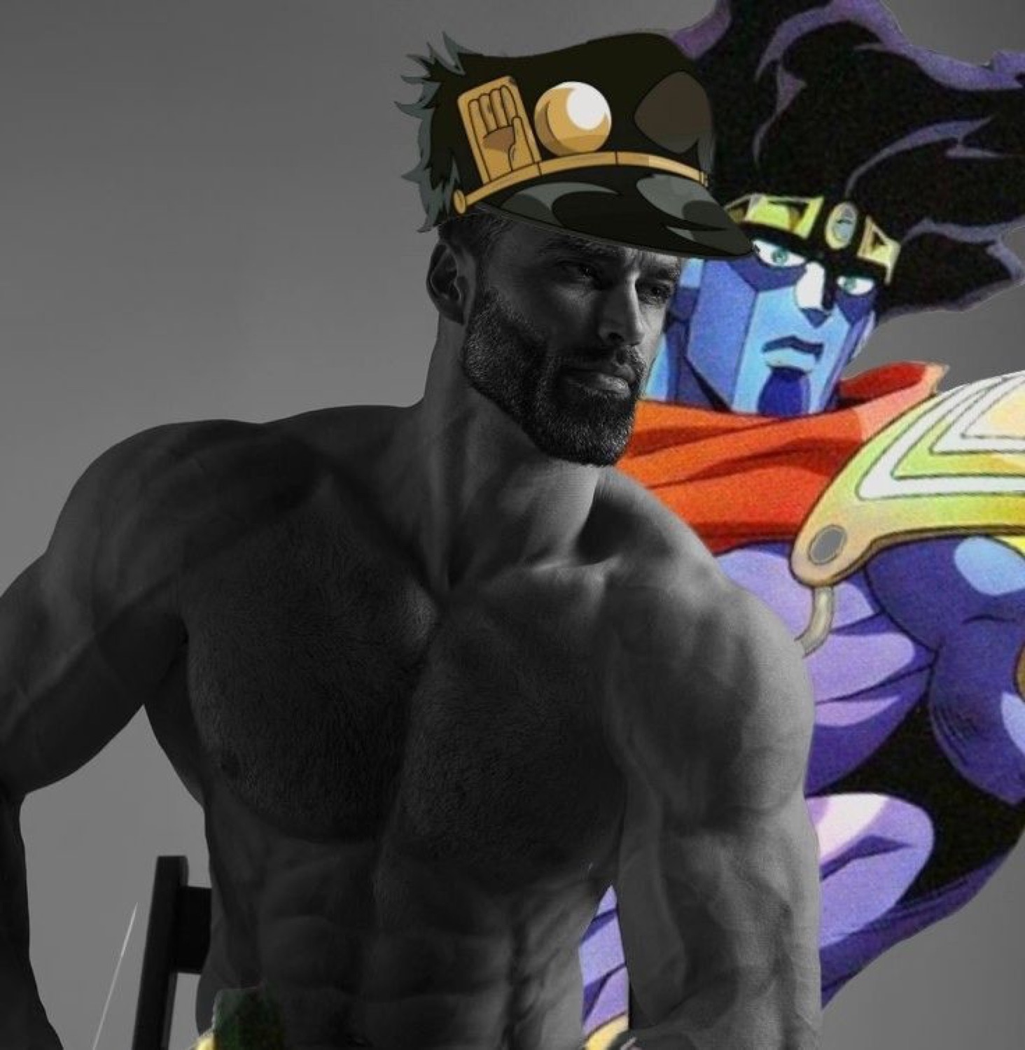 Gigachad as Jotaro with Star Platinum looming behind him