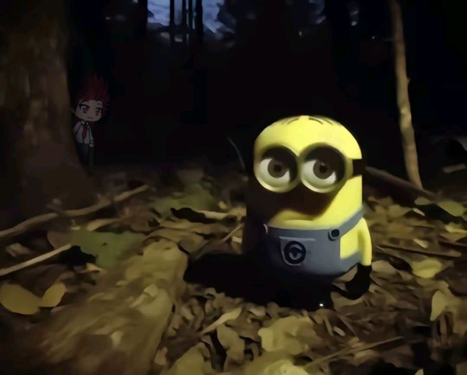 Minion standing alone in a dark forest at night looking wide-eyed and uneasy with a lurking figure behind
