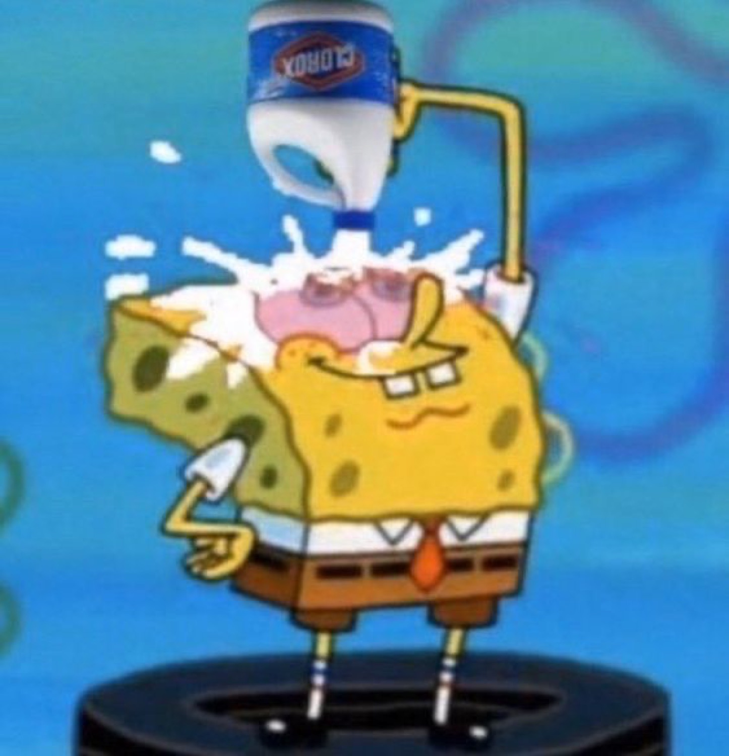 SpongeBob calmly pouring a bottle of bleach straight into his own eyes