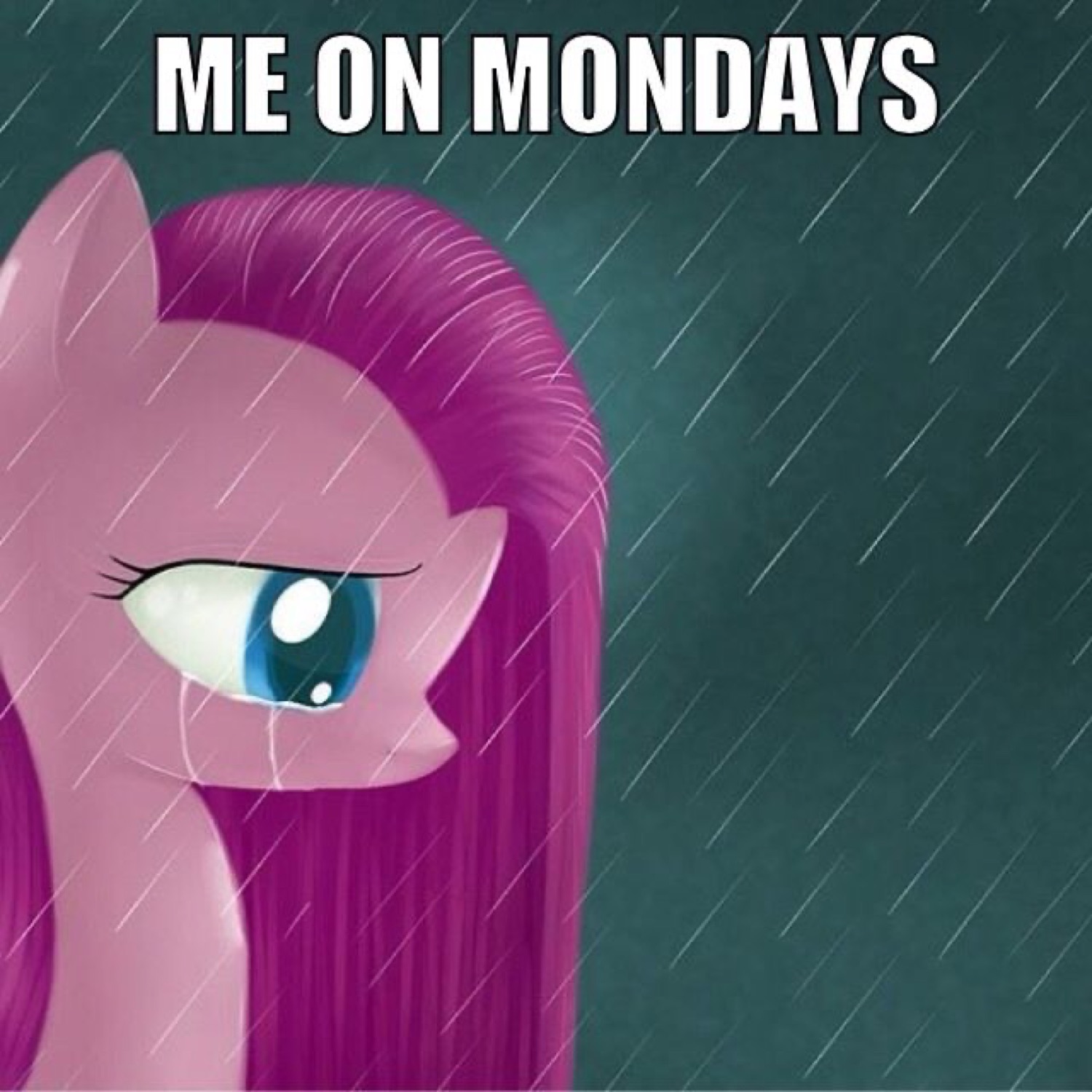 Pinkie Pie with flat hair crying in the rain under 'ME ON MONDAYS'