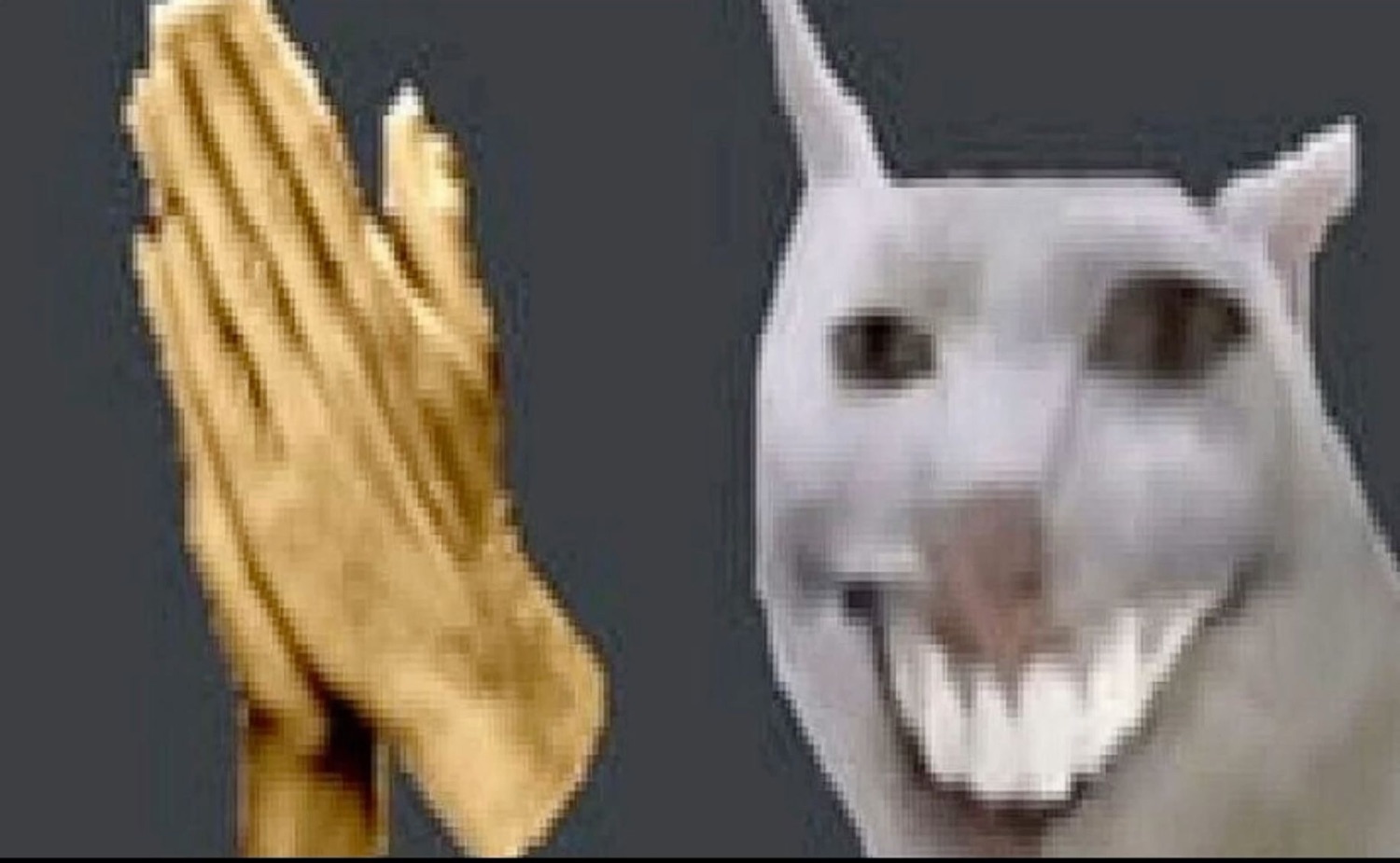 Grey cat with a huge toothy grin beside praying hands emoji