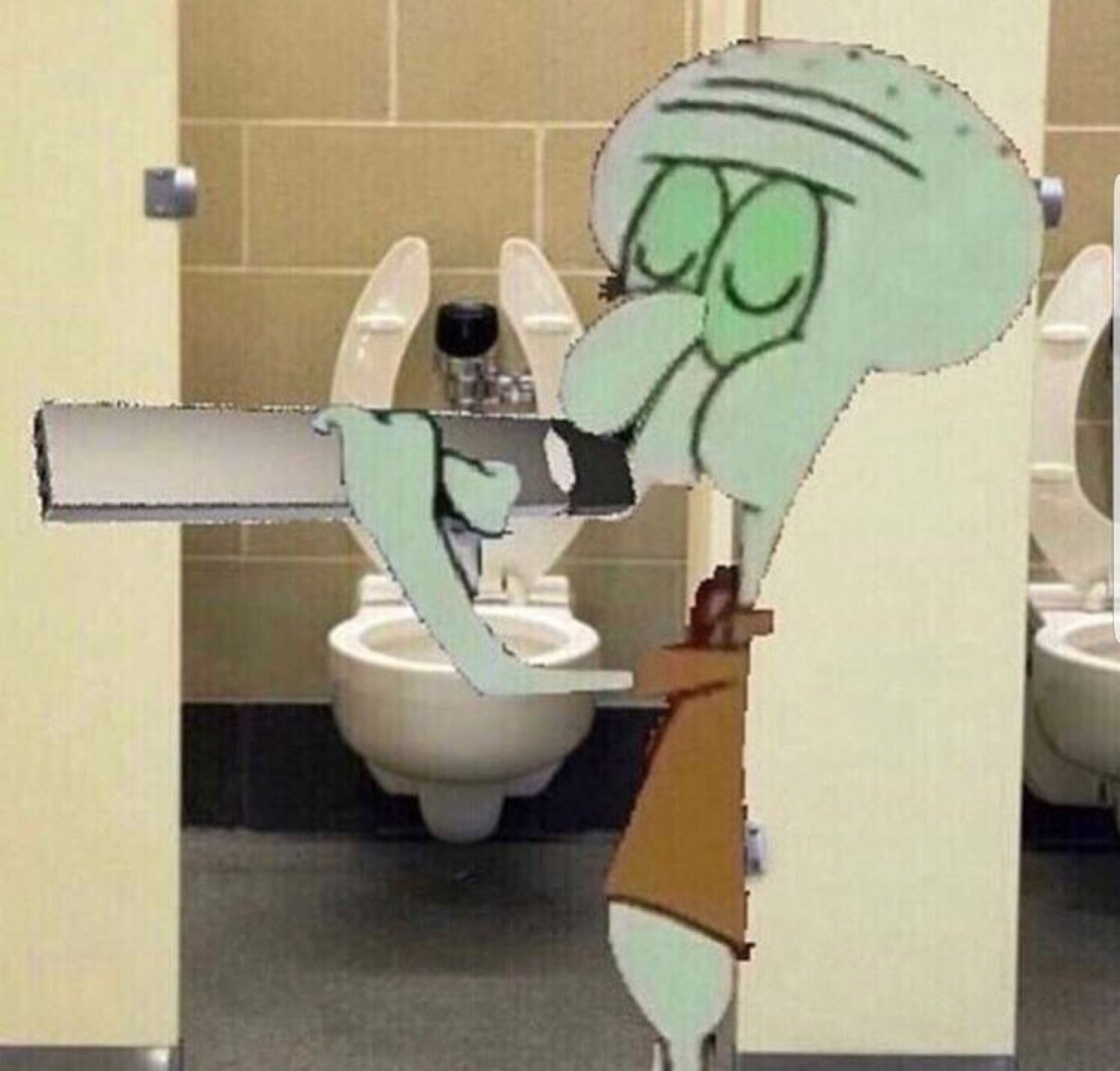 Squidward holding a chainsaw in a public bathroom stall
