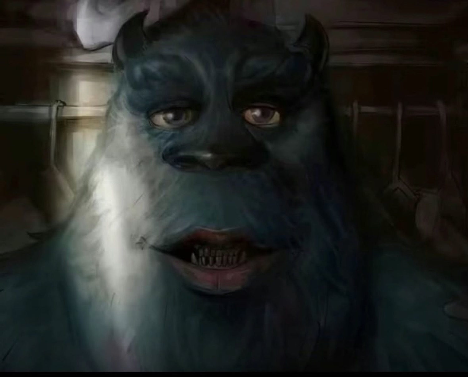 Horned blue monster from a movie leaning in with an unsettling grin in the shadows