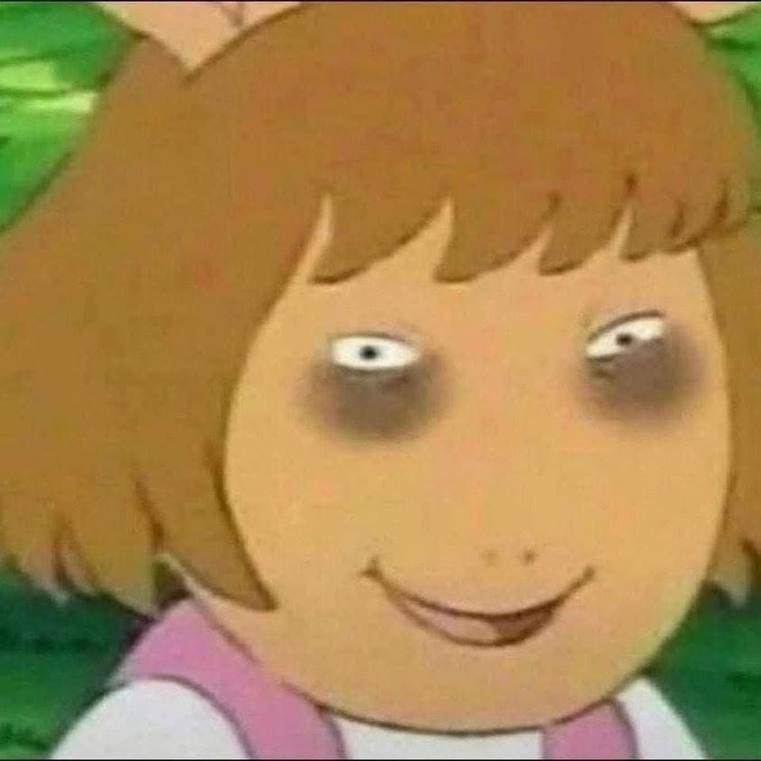 D.W. from Arthur with dark circles and hollow eyes giving a deeply unsettling grin