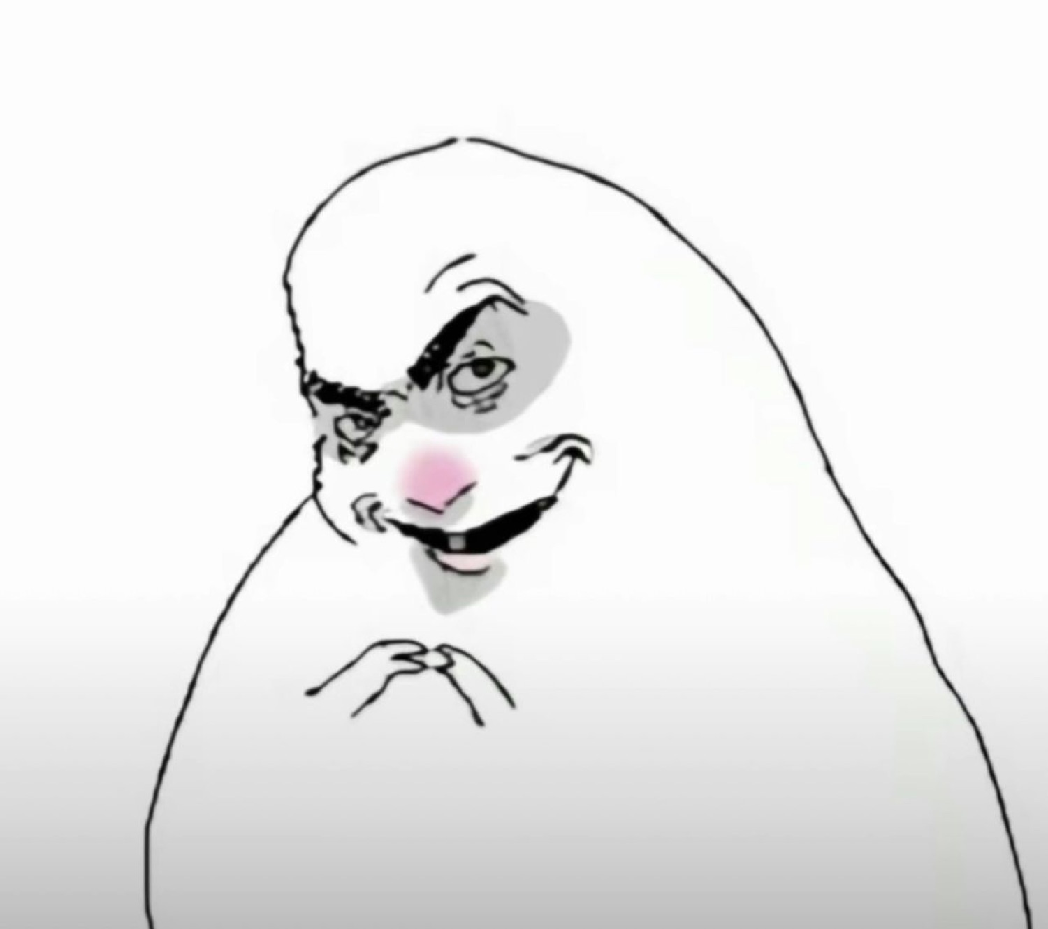 Cartoon blob character with one raised eyebrow and a sly half-smile, scheming quietly