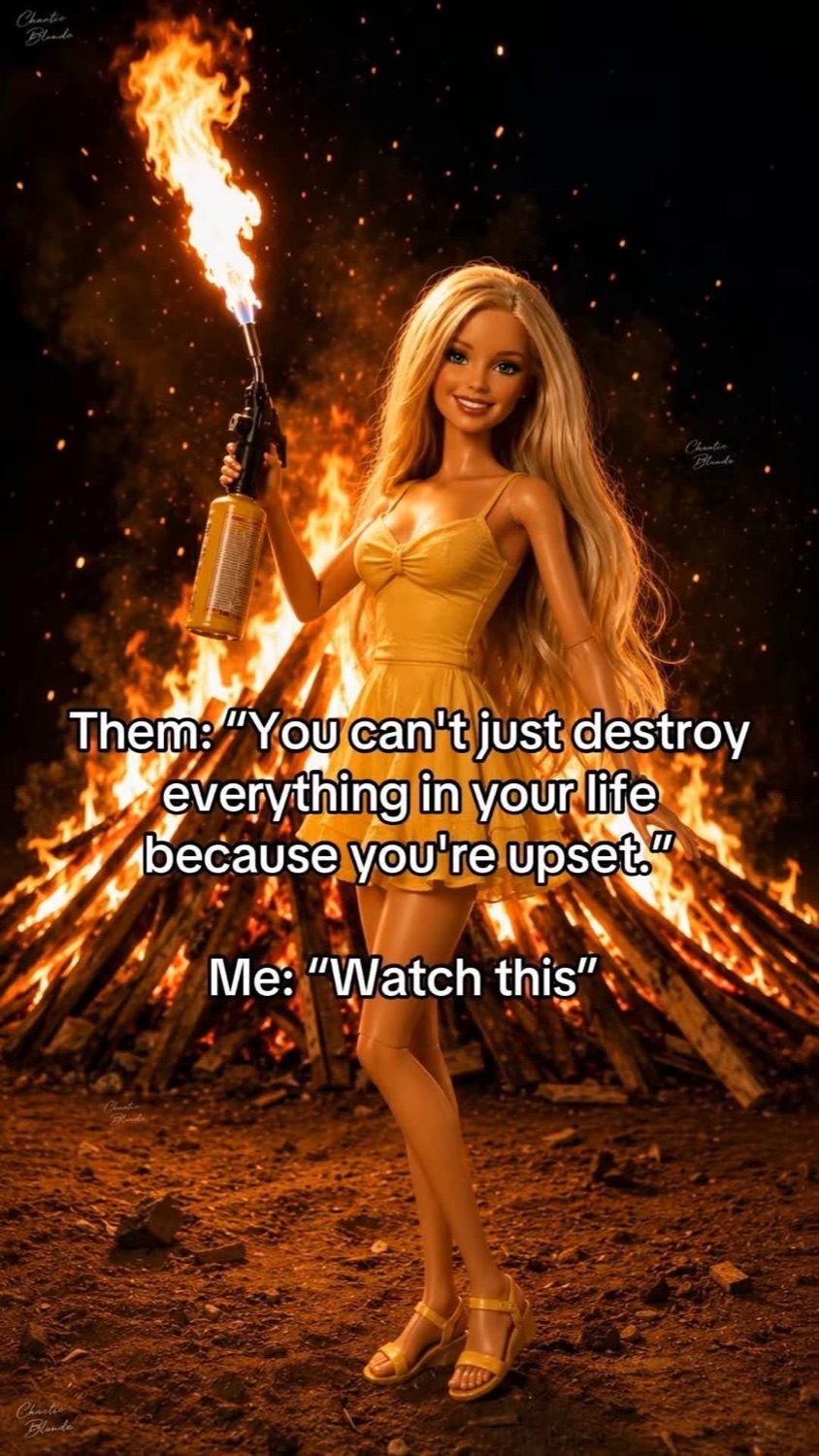 Barbie with a flamethrower in front of a bonfire: '"You can't just destroy everything in your life because you're upset" Me: "Watch this"'