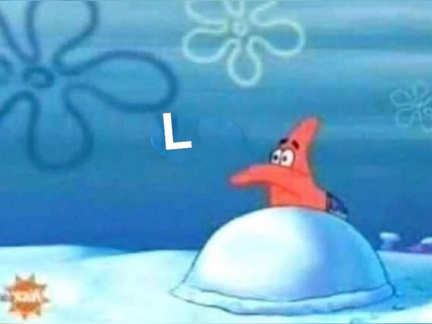 Patrick Star peeking over a snow mound next to a big letter 'L'
