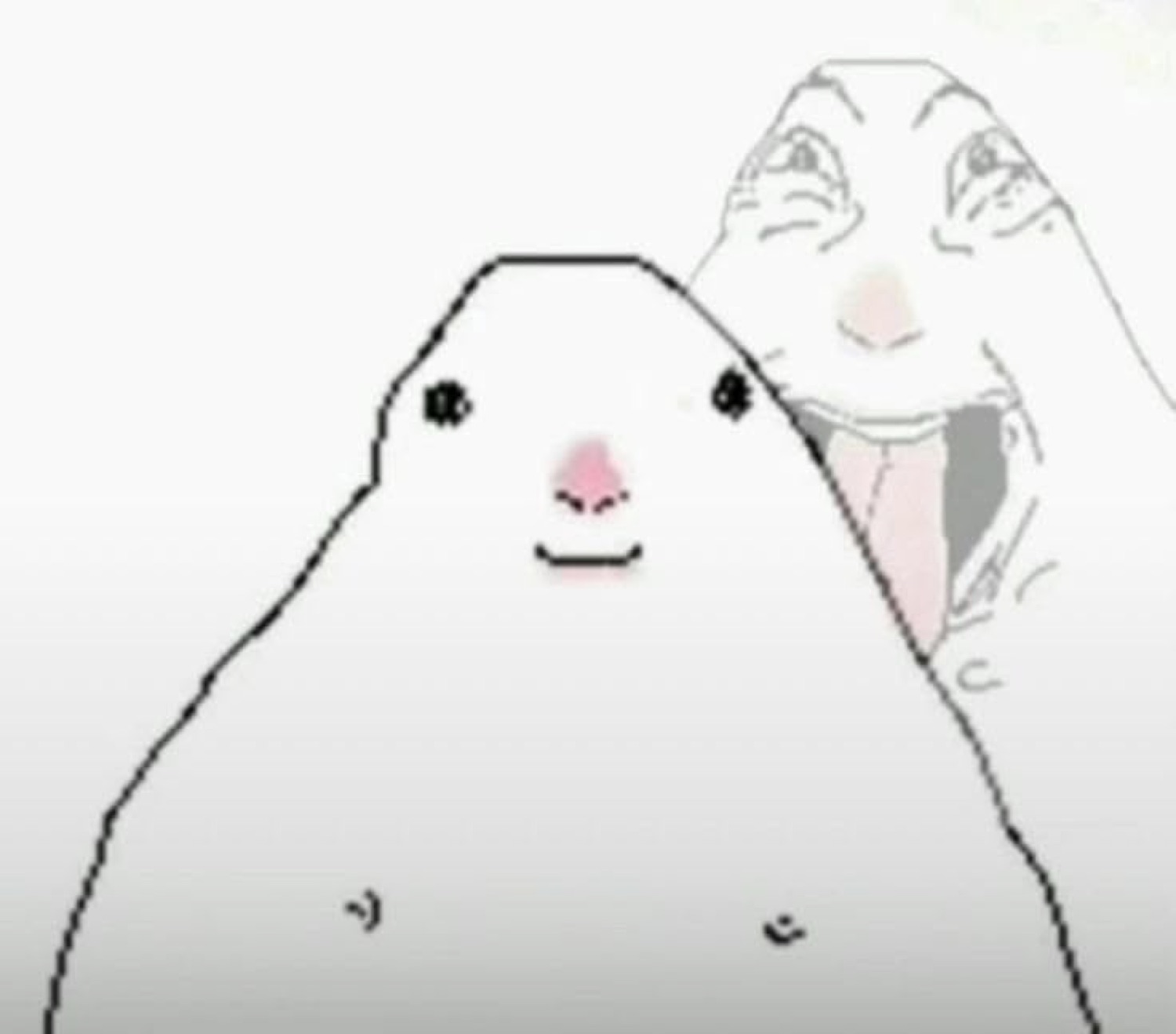 Two pixel cartoon blobs side by side — one calm, one poking its head in menacingly