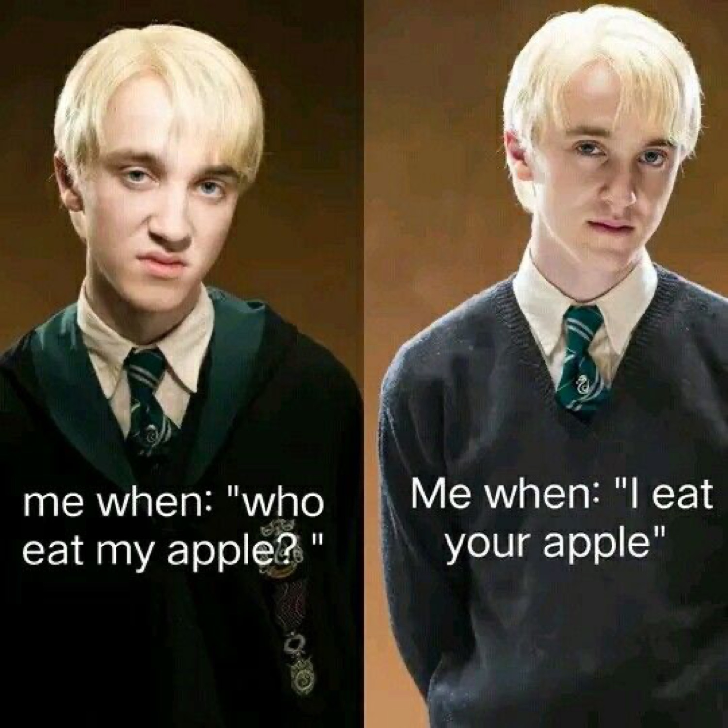 Two Dracos: a glaring one for 'me when: "who eat my apple?"' and a smirking one for 'Me when: "I eat your apple"'