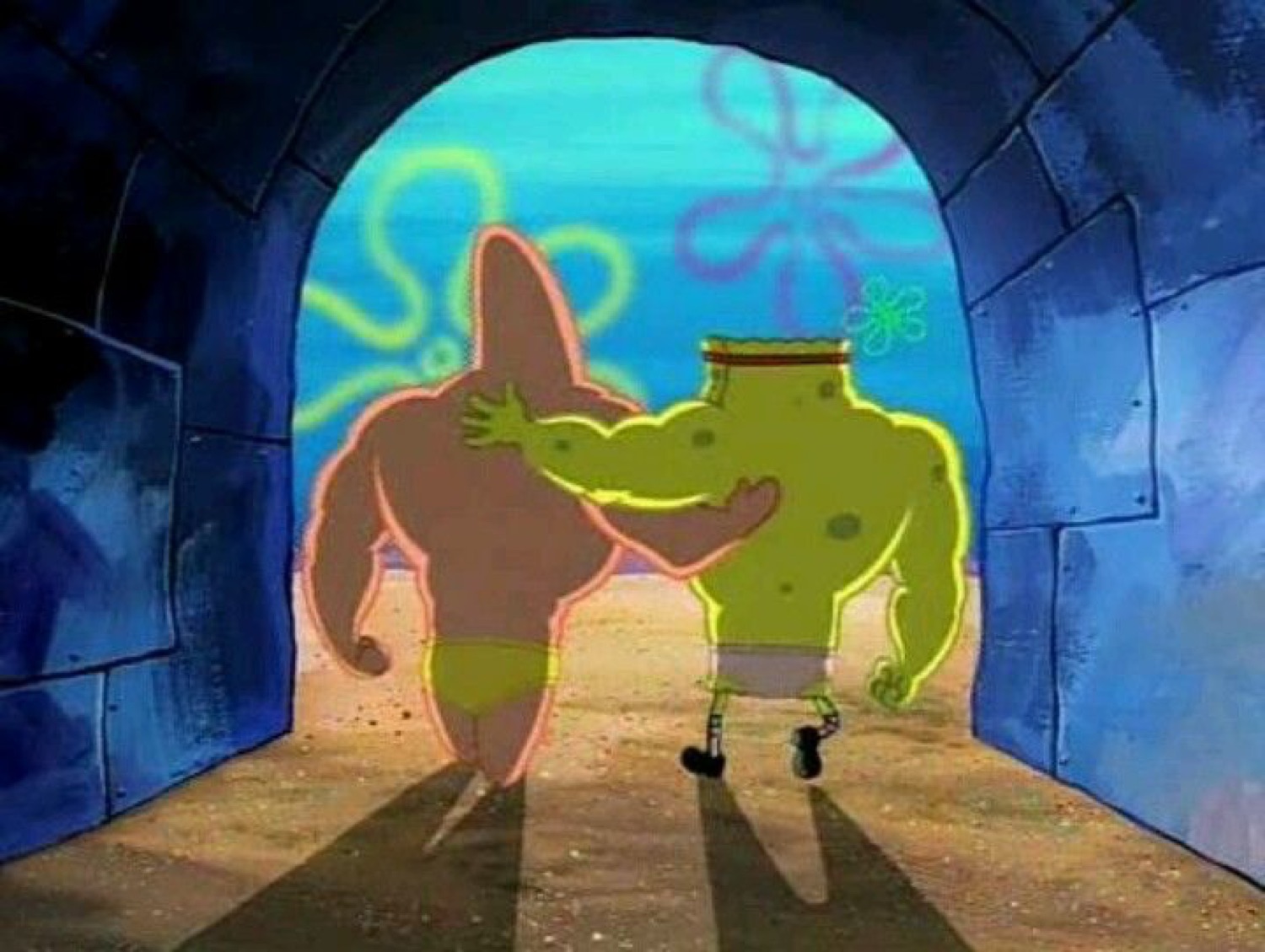 Buff Patrick and SpongeBob walking arm in arm out of a tunnel