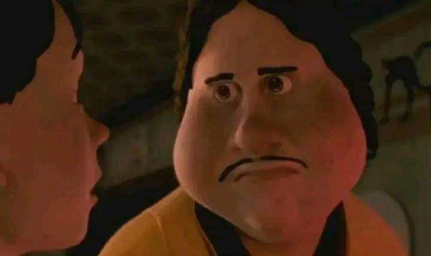 Animated movie character with a heavy frown and judging stare looking at someone off-screen