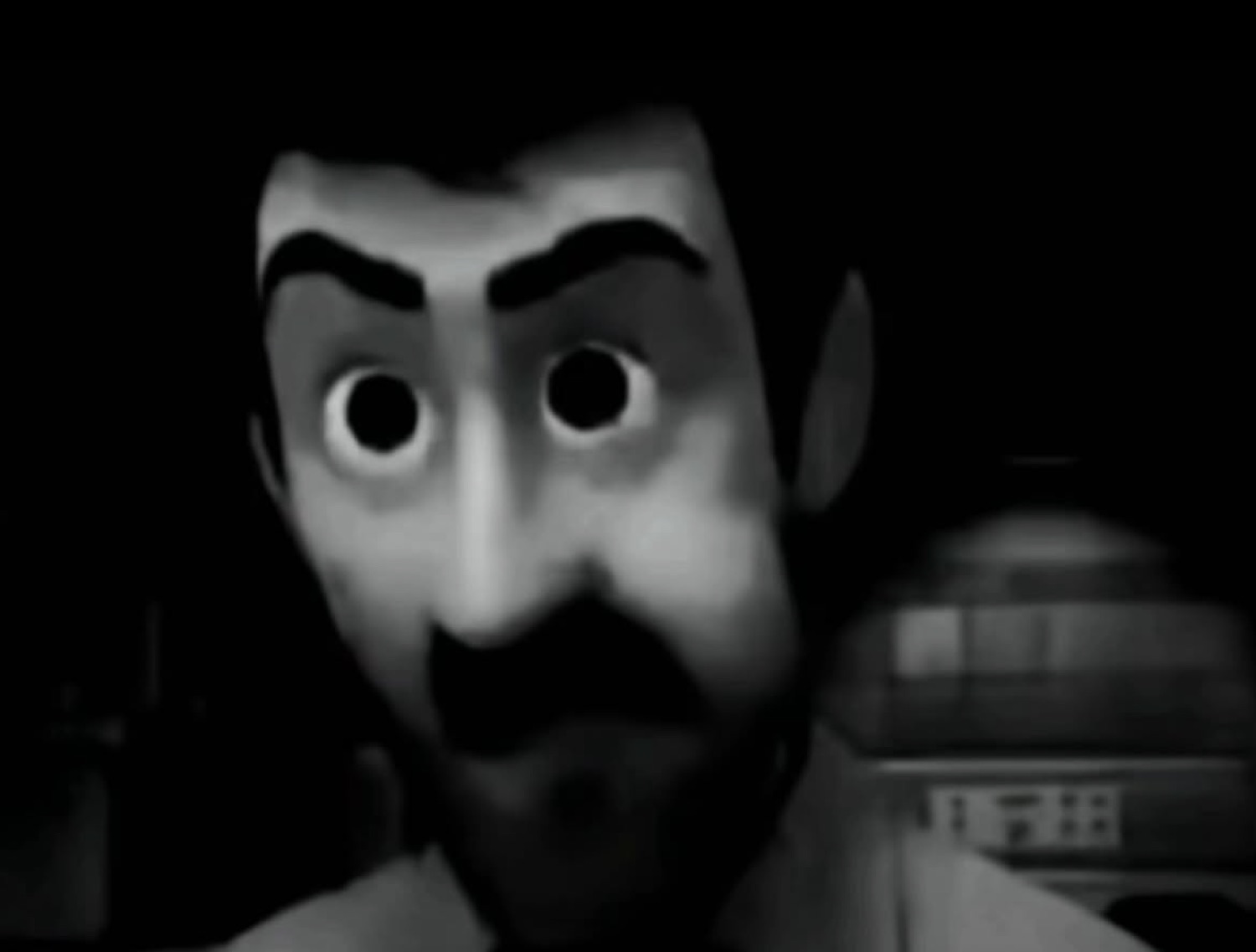 Creepy low-res 3D mustached man staring blankly into the dark with hollow eyes