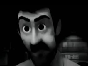 Creepy low-res 3D mustached man staring blankly into the dark with hollow eyes