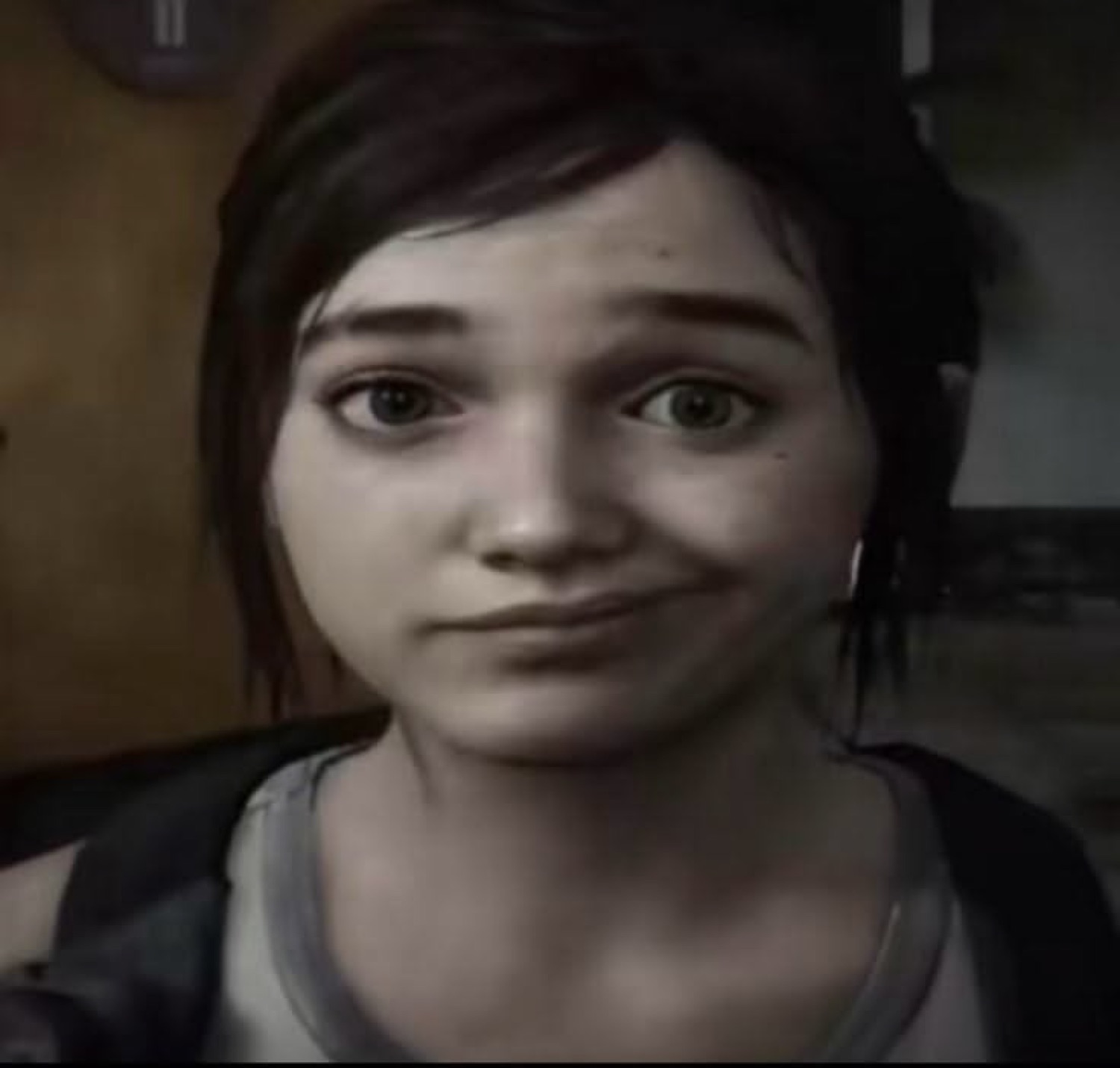 Video-game girl giving a stiff, awkward closed-lip smile straight at the camera