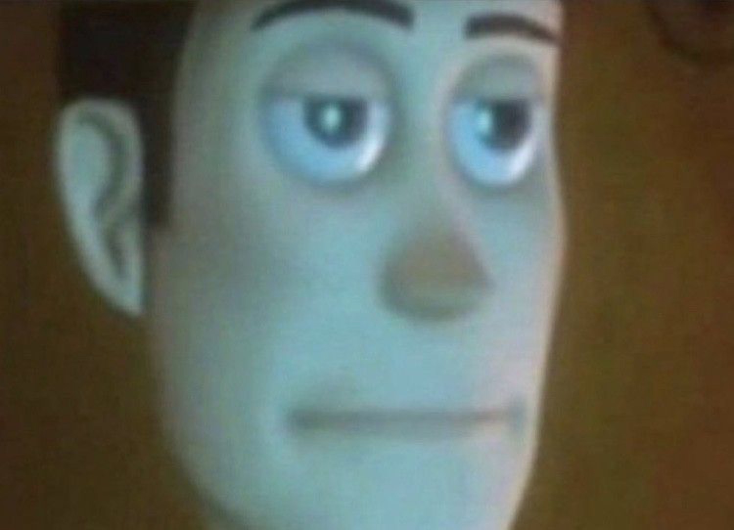 Blurry off-model 3D man staring back with a flat, unreadable deadpan face