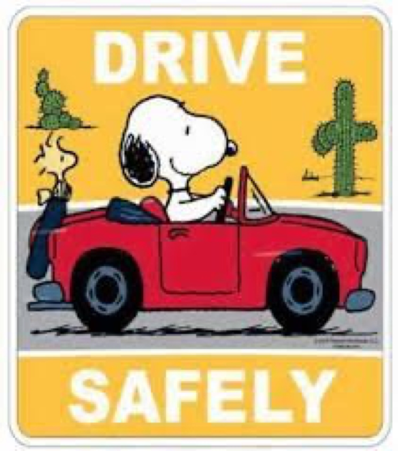 Snoopy and Woodstock in a red car: 'DRIVE SAFELY'
