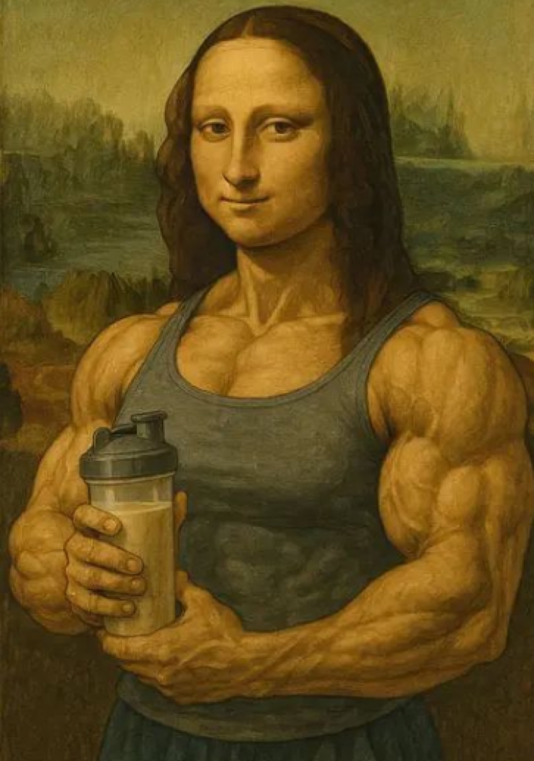 Buff Mona Lisa in a tank top holding a protein shaker