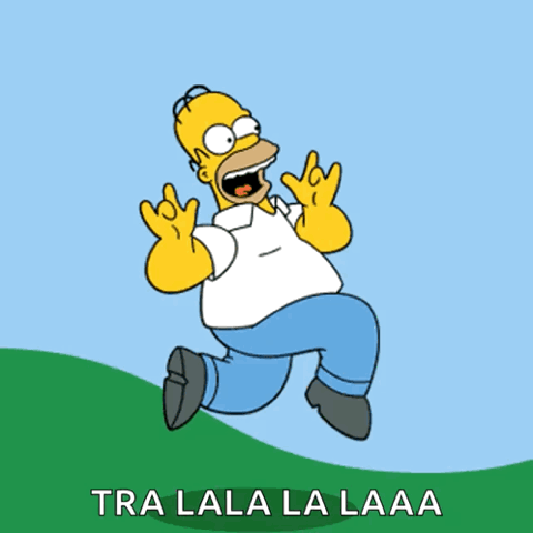 Homer Simpson skipping happily across a hill, "Tra lala la laaa"