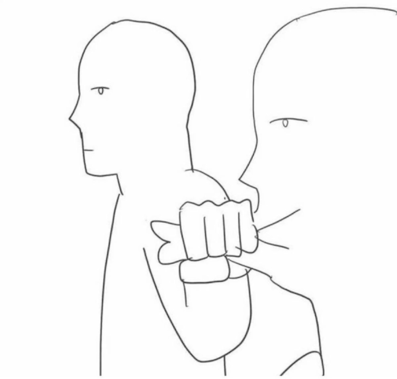 Line-art cartoon of one bald figure punching another in the face from behind