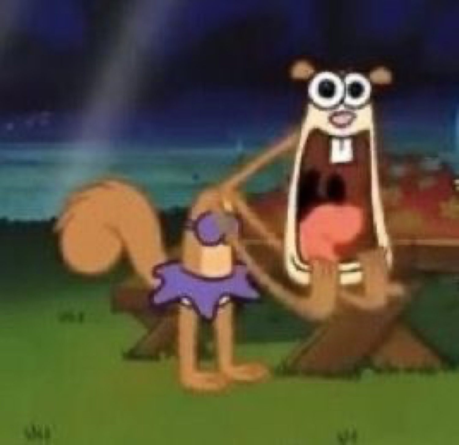 Sandy from SpongeBob screaming at the top of her lungs while another squirrel stands calmly beside her
