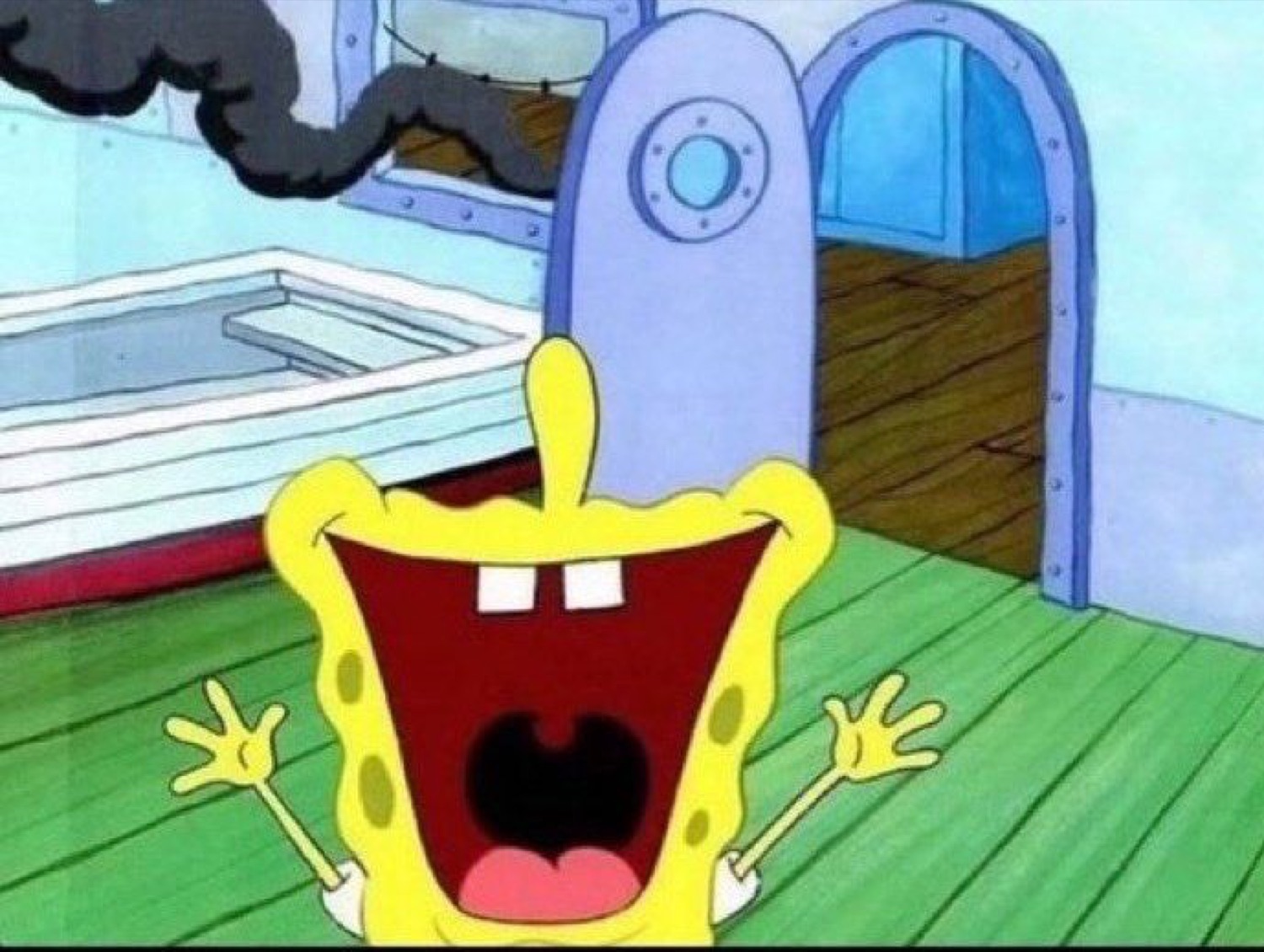 SpongeBob SquarePants screaming with his mouth fully open, arms up, losing it completely