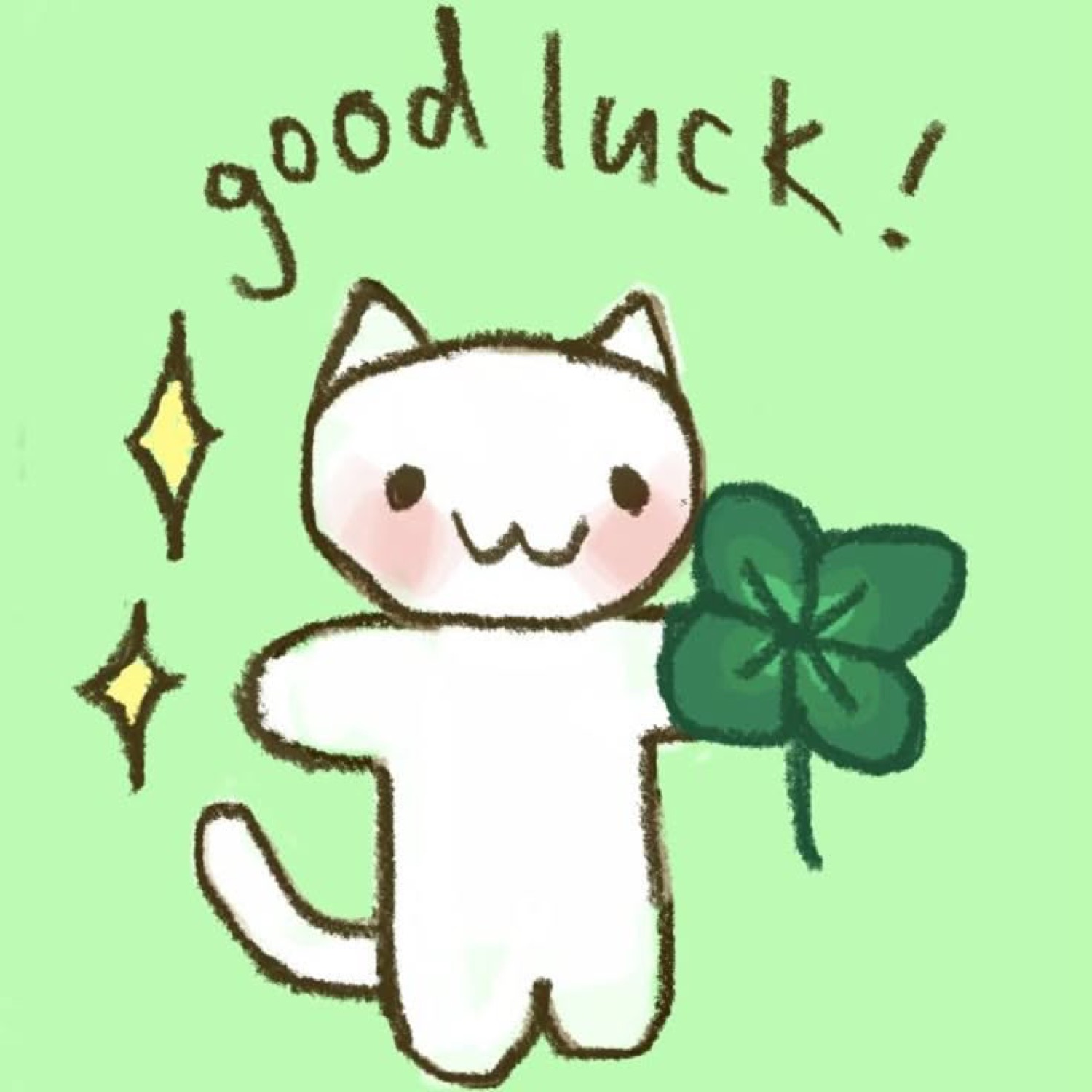 White doodle cat holding a four-leaf clover: 'good luck!'
