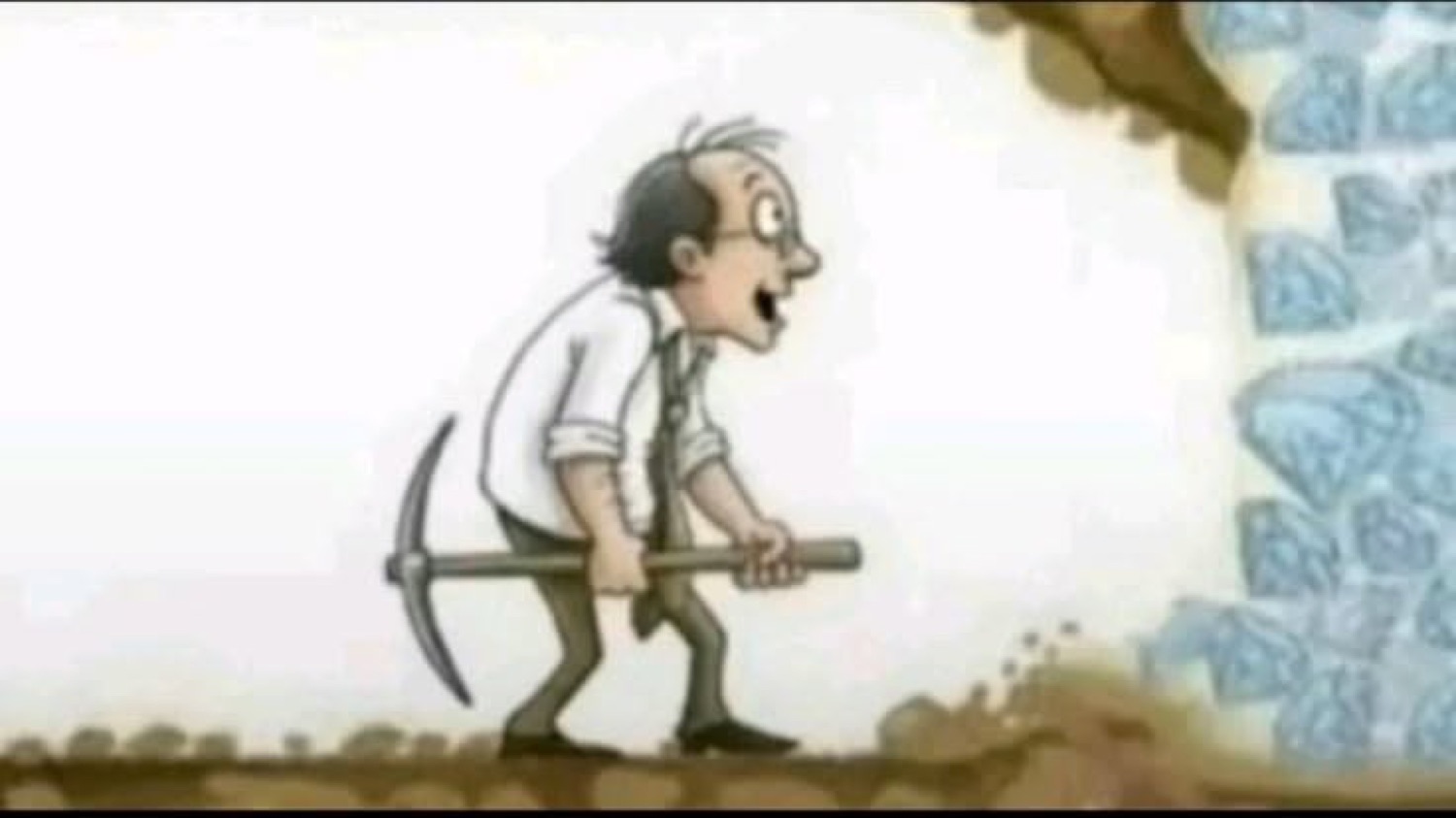 Cartoon man gives up just before breaking through a wall of diamonds, turns and walks away