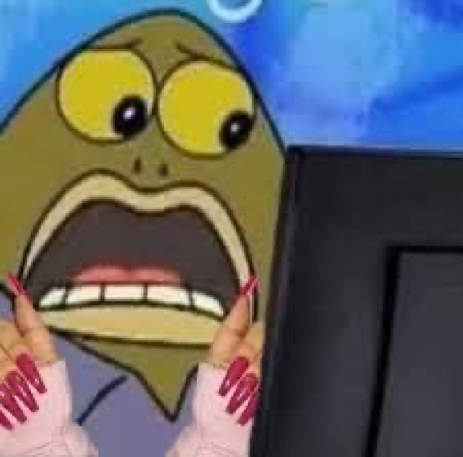 SpongeBob fish character screaming with mouth wide open, red-nailed hands framing face