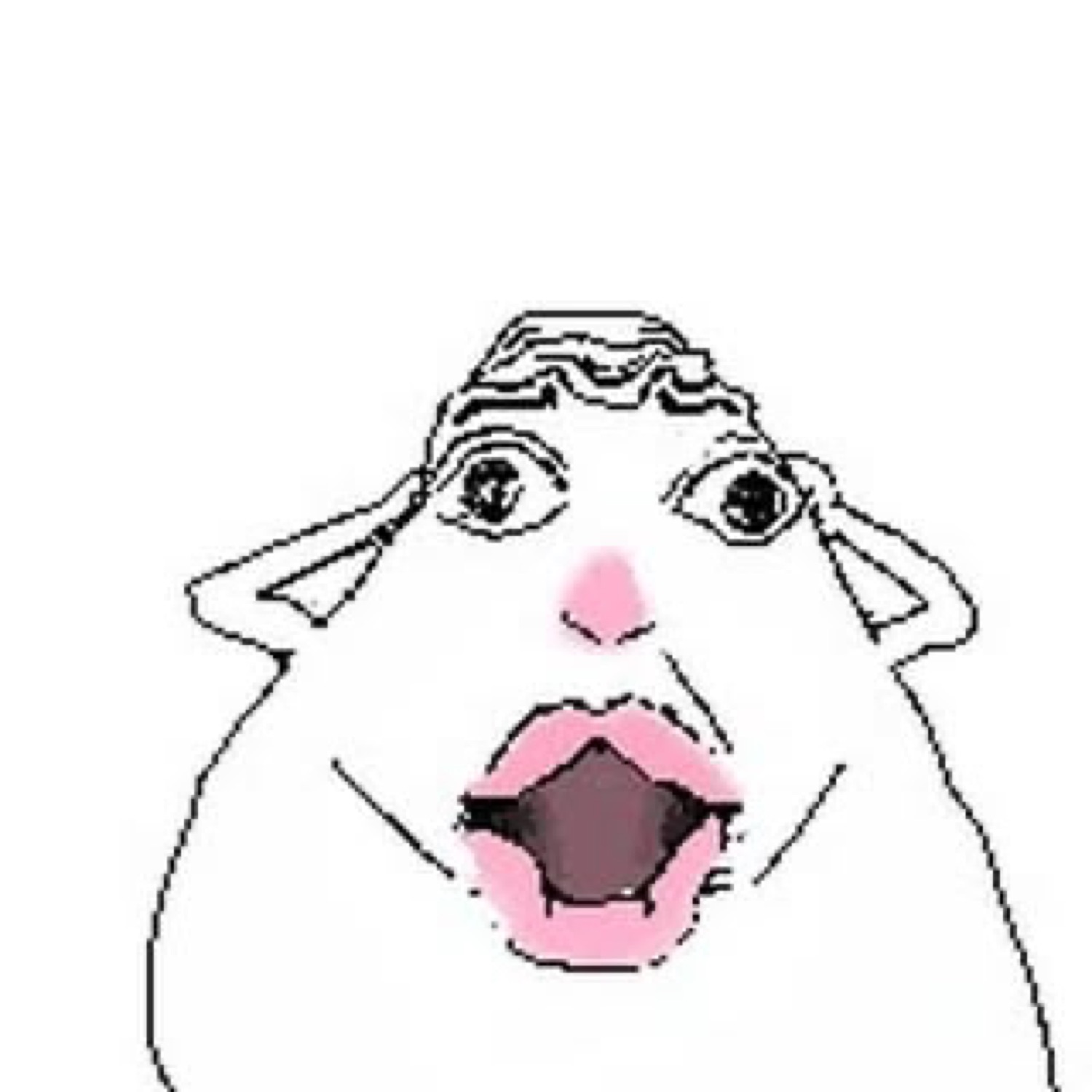Doodled blob face with wide eyes and a gaping pink mouth, fully shook