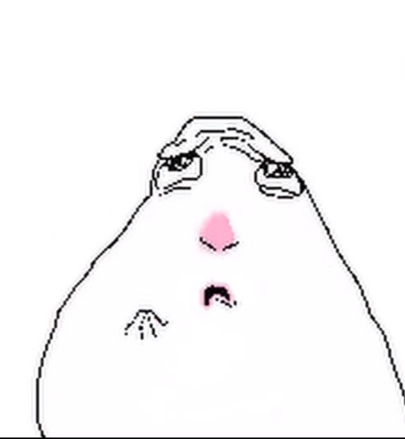 Crude white blob creature squinting down with a tiny unimpressed frown