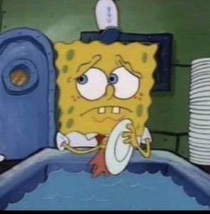 SpongeBob glazed over at the dishwashing sink, completely dead inside