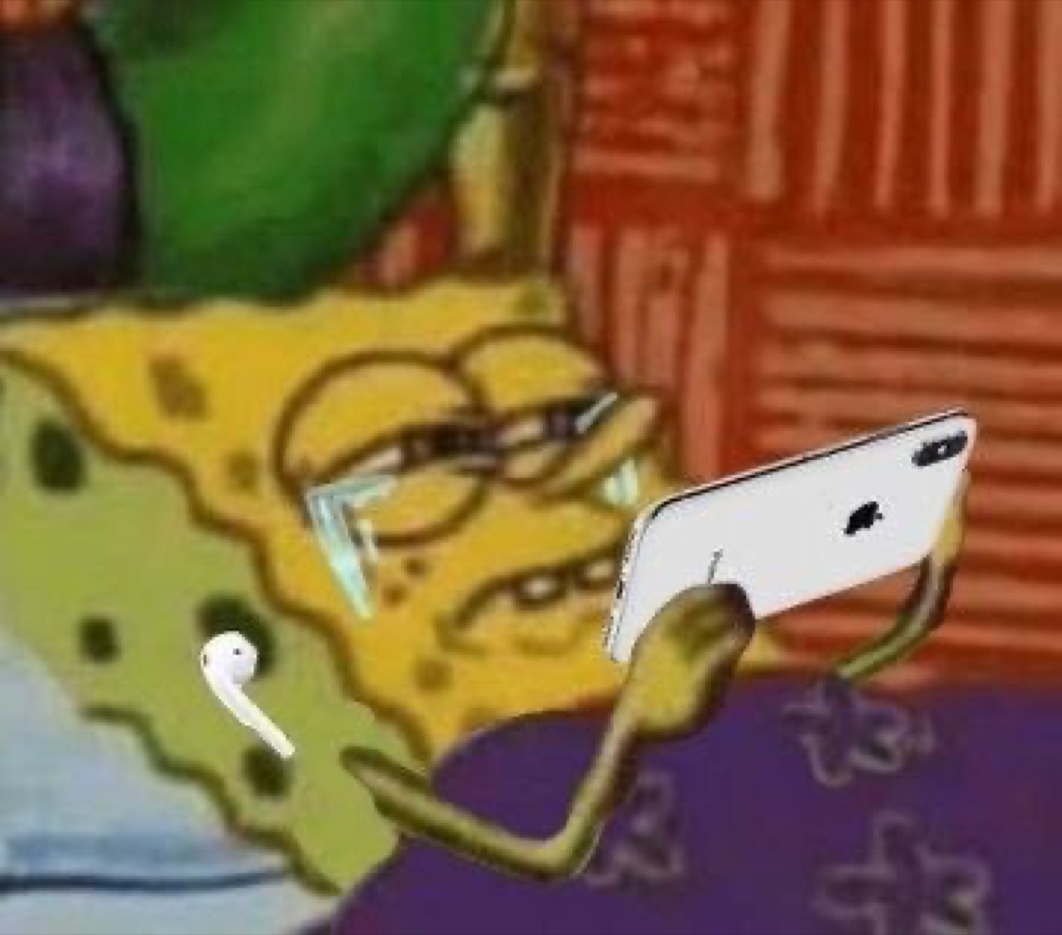 Bored elderly SpongeBob lying back with glasses and an iPhone, completely checked out