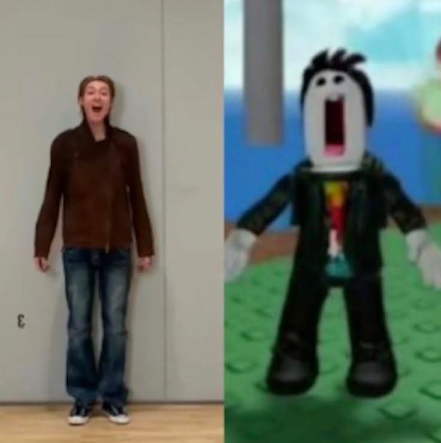 Side-by-side of a real kid and a Roblox character both screaming with mouths wide open