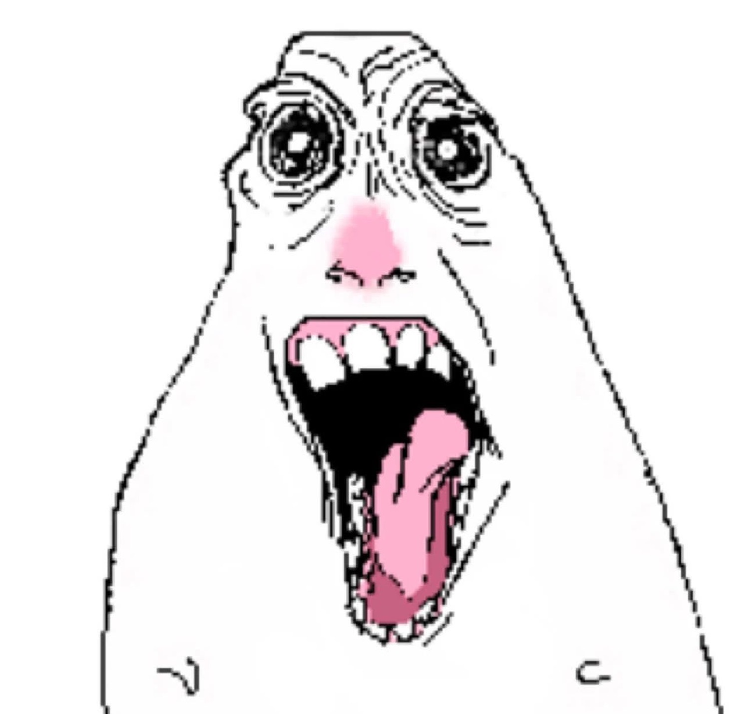 Wojak-style troll face creature screaming with mouth fully agape and tongue out