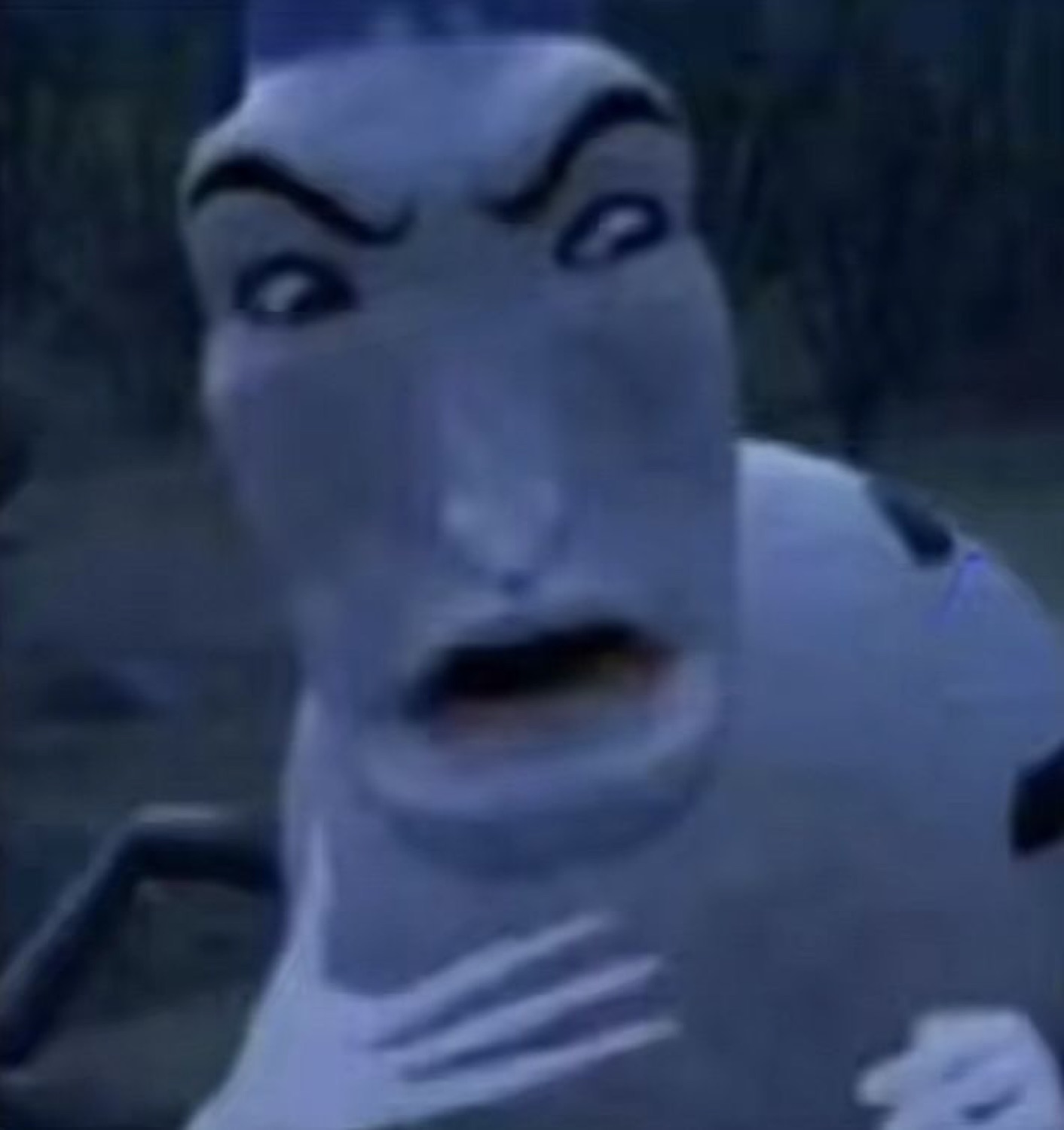 CGI character with raised eyebrows and gaping mouth in a shocked, alarmed stare