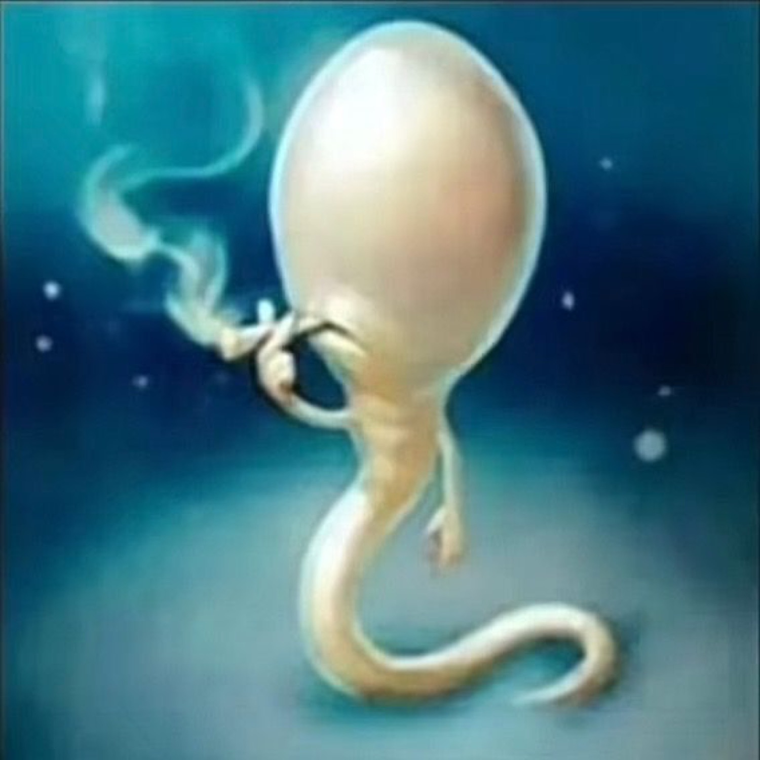 Illustrated sperm cell drifting through blue water casually smoking a cigarette
