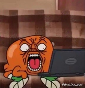 Orange cartoon fish screaming rage-face at a laptop