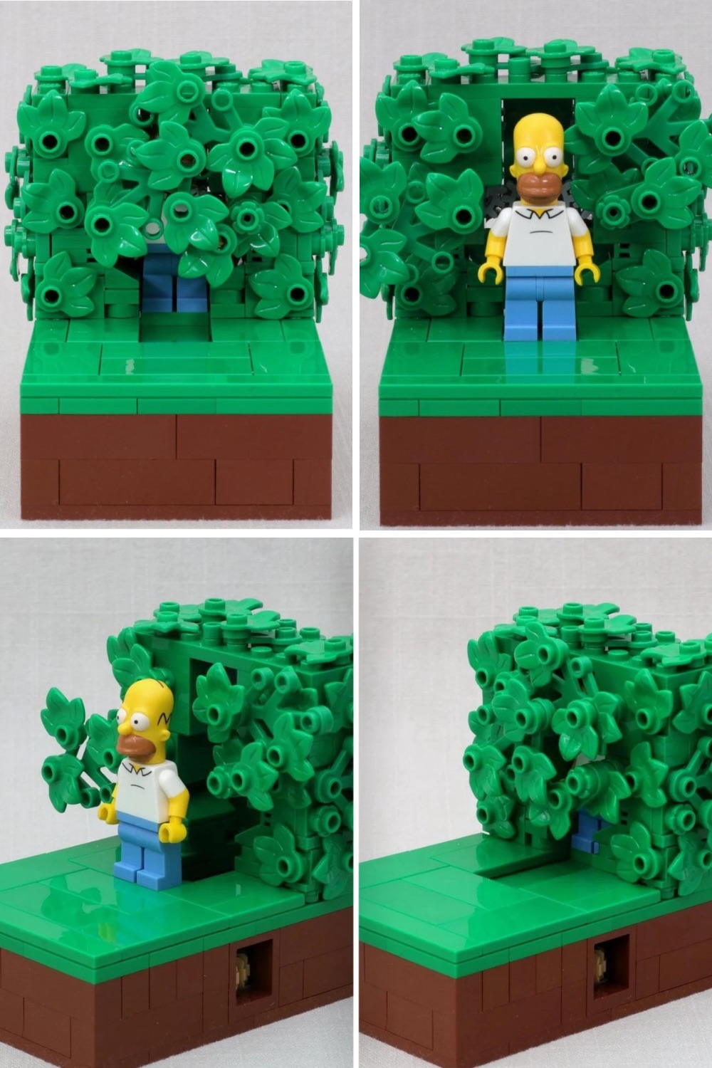 LEGO Homer Simpson backing into a brick hedge in four steps