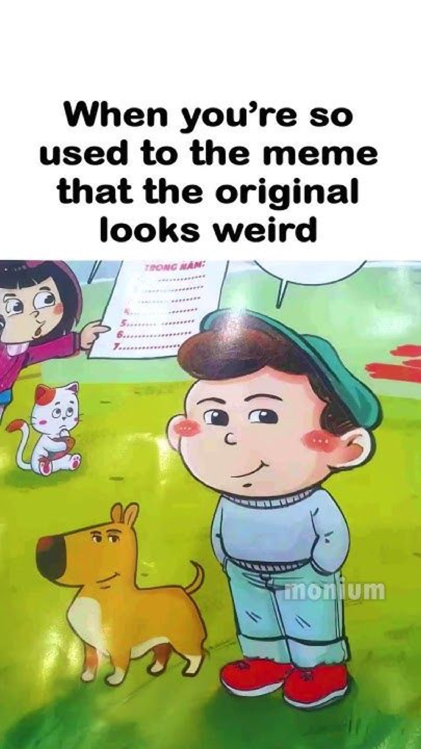 The original children's book art of a boy and his dog that inspired Chill Guy, under 'When you're so used to the meme that the original looks weird'