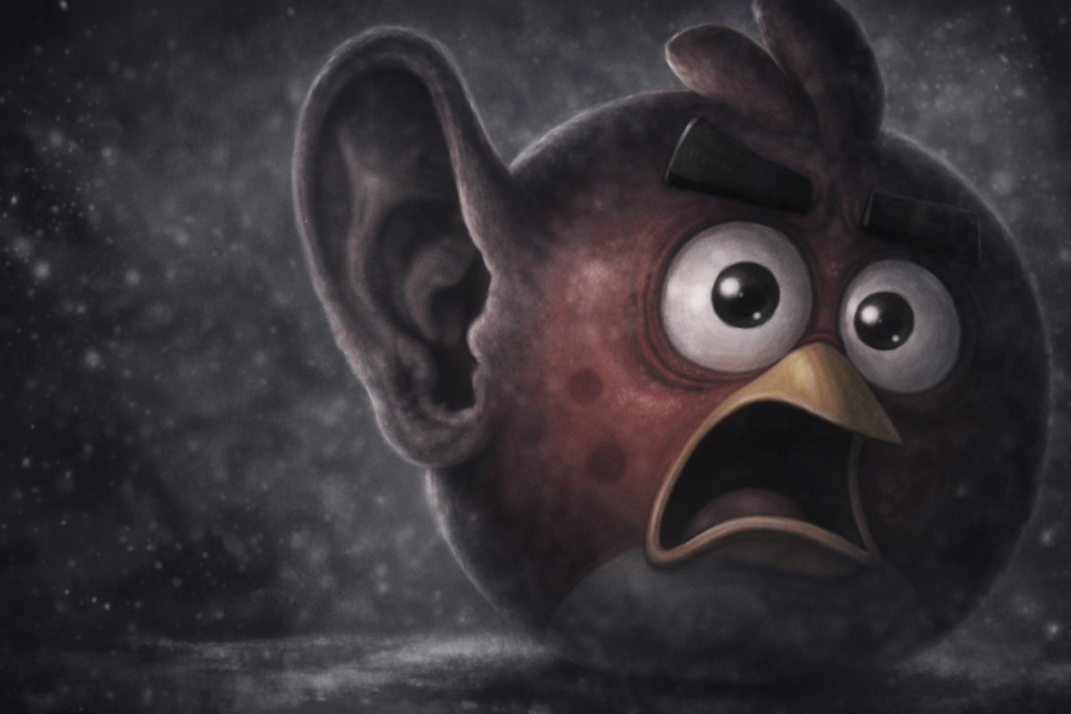 Angry Birds bird as a dark planet with a wide-eyed shocked gasp in space