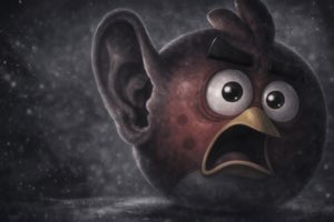Angry Birds bird as a dark planet with a wide-eyed shocked gasp in space