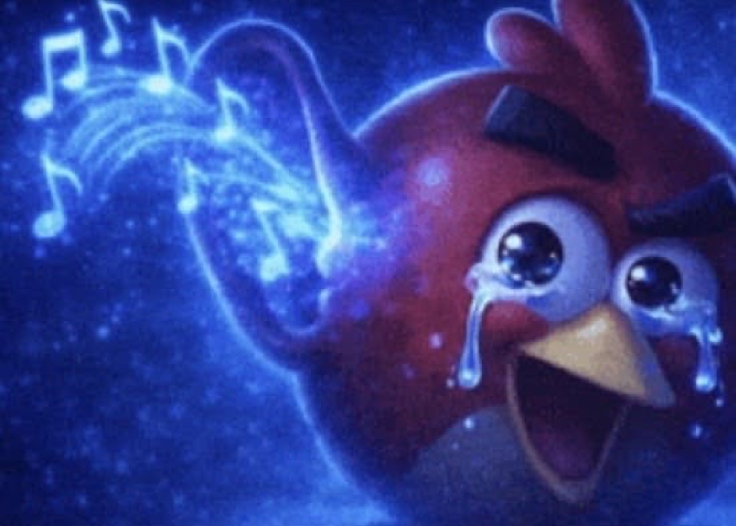 Angry Bird crying in space while music notes float around — deeply emotional