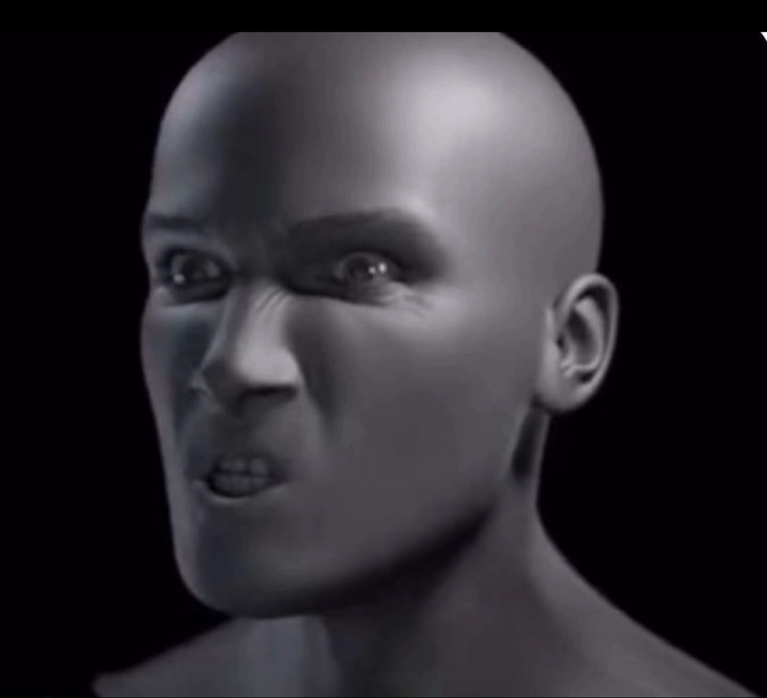 Grey CGI head snarling with a disgusted, contorted grimace against a black background
