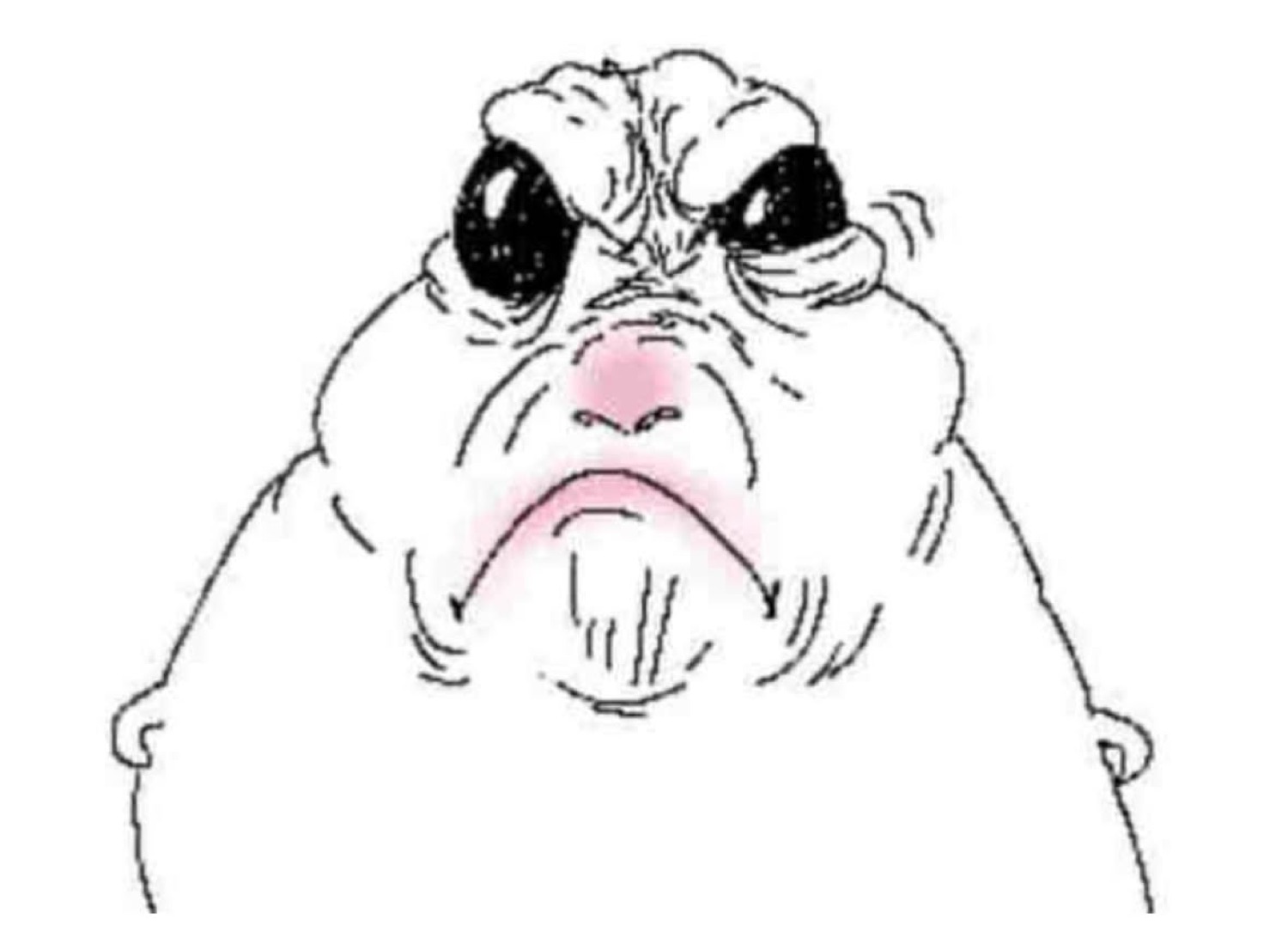 Sketchy blushing cartoon face with baggy eyes and a heavy, defeated frown